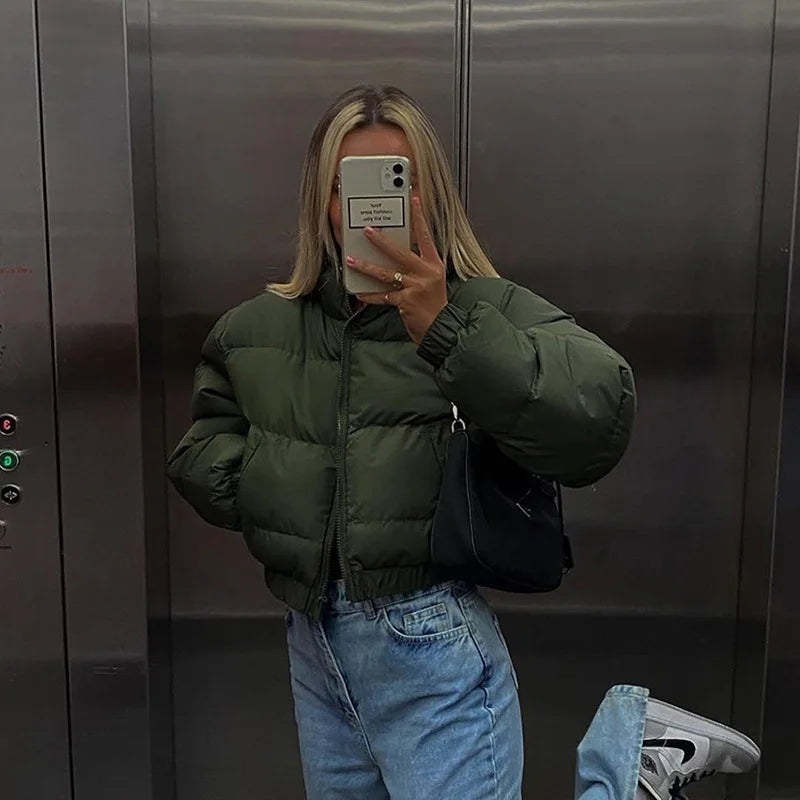 Women Short Puffer Jacket Cotton-Padded Thick Drawstring Parkas Zipper Winter Bubble Coat Warm Casual Hot Street Outfits