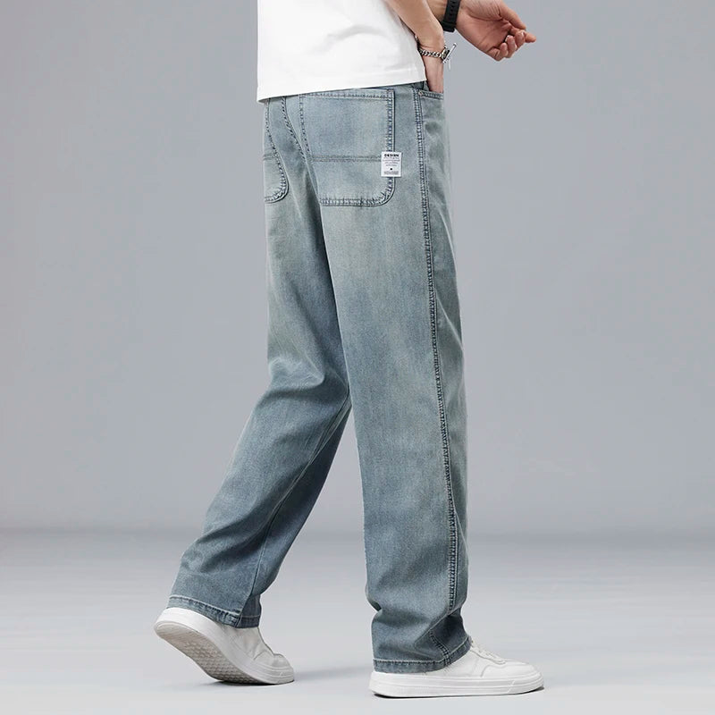 Summer Ultra-thin Lyocell Men's Jeans Drape Soft Fabric Loose Straight Casual Denim Pants Elastic Ice Silk Male Trousers ATFH