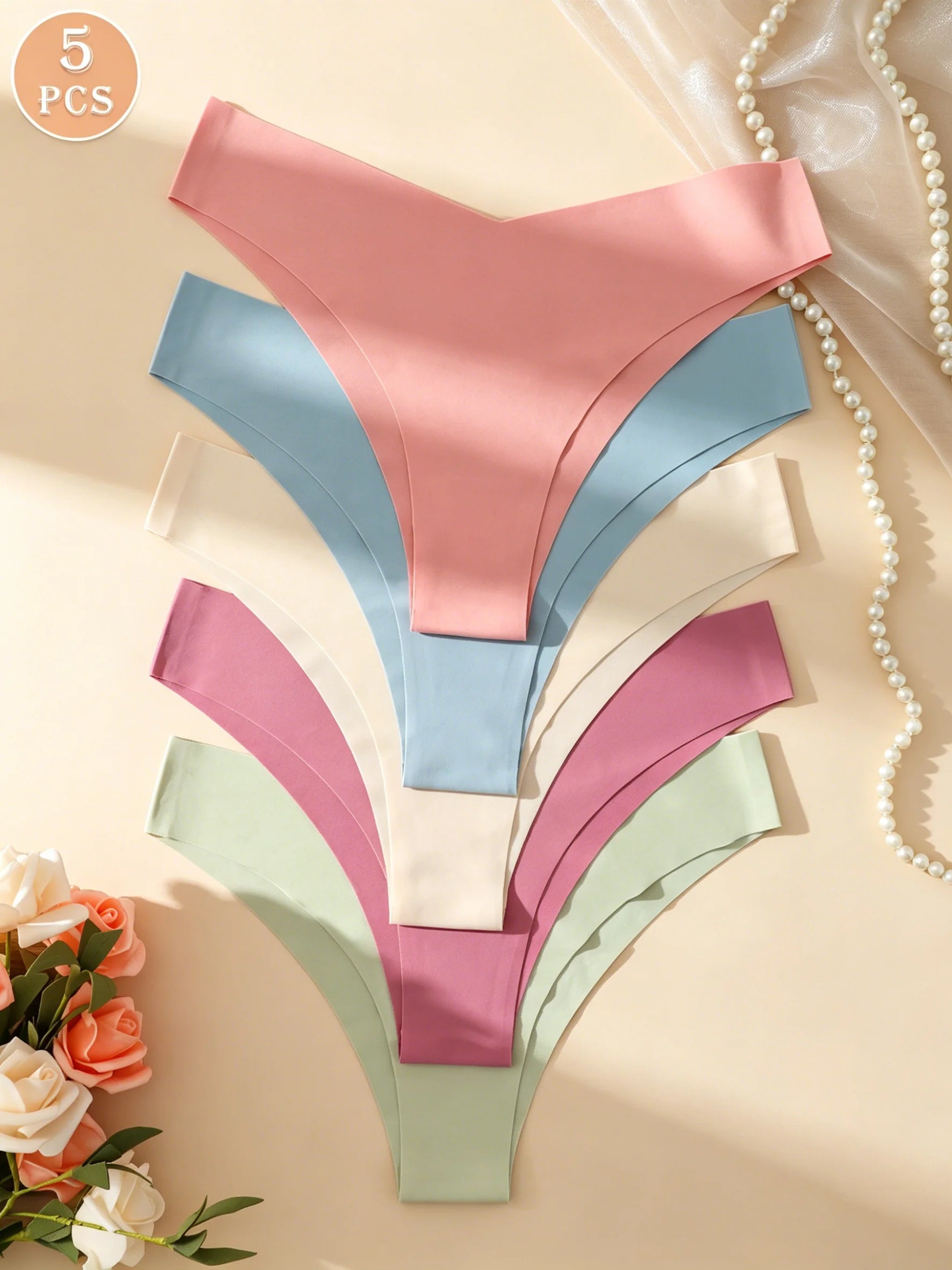 5PCS Pastel V-Waist Seamless Panties, No-Show Ultra-Soft Ice Silk Breathable Comfort Women Briefs