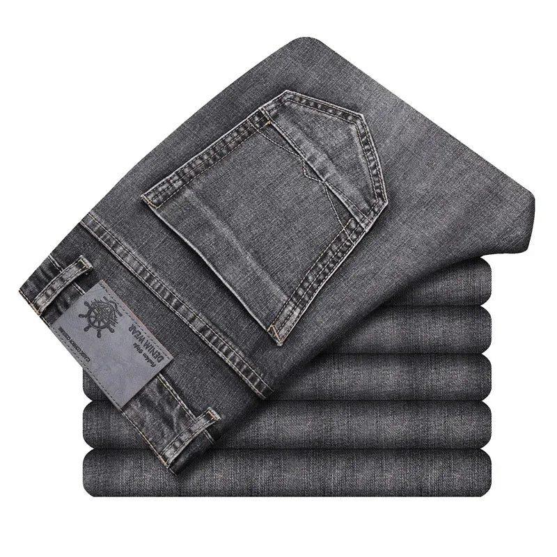2026 Cotton Stretch Jeans Business Casual Men's Thin Denim Jeans Grey Spring Summer Brand New Fit Straight Lightweight ATFH