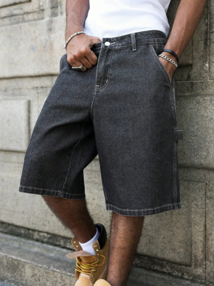 Men's Summer Black-Grey Loose Baggy Denim Shorts ATFH