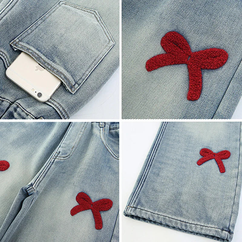 Girls Autumn Winter Plush Warm Denim Straight-leg Pants 5-14 Years Kids Fashion Bowknot Embroidery Jeans Casual Loose Sweatpants ATFH