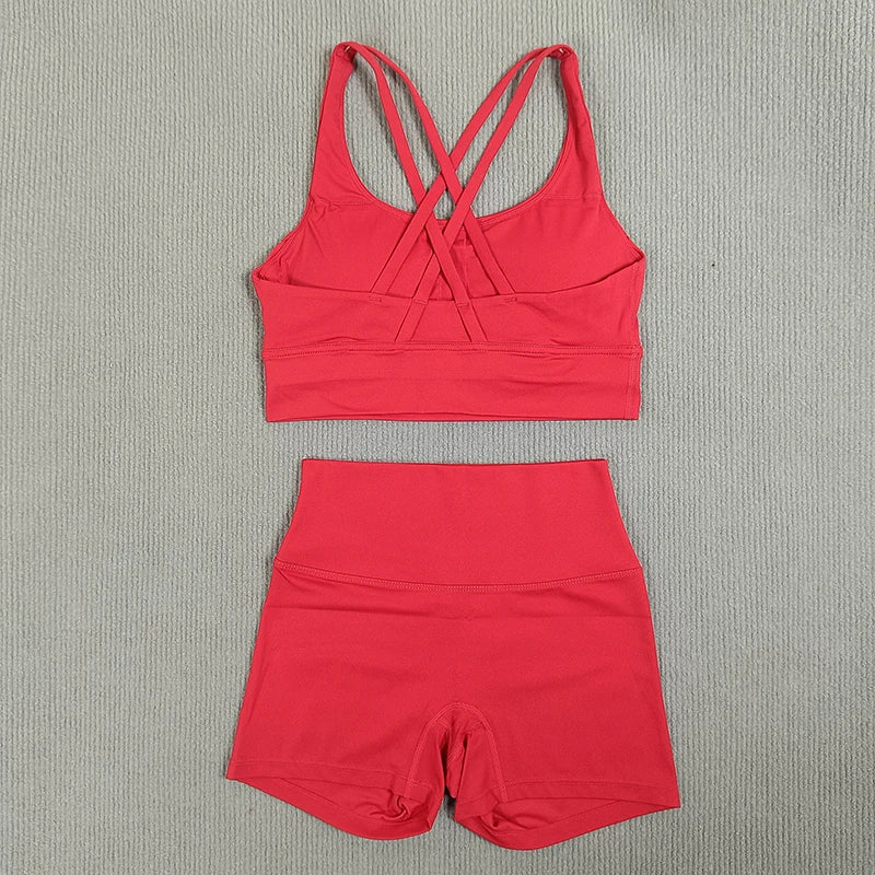 2 Pieces Yoga Clothes Gym Sets Sports Shorts Women Cross Back Bra Top High Waist Shorts Fitness Suits Running Workout Tracksuit - ATFH