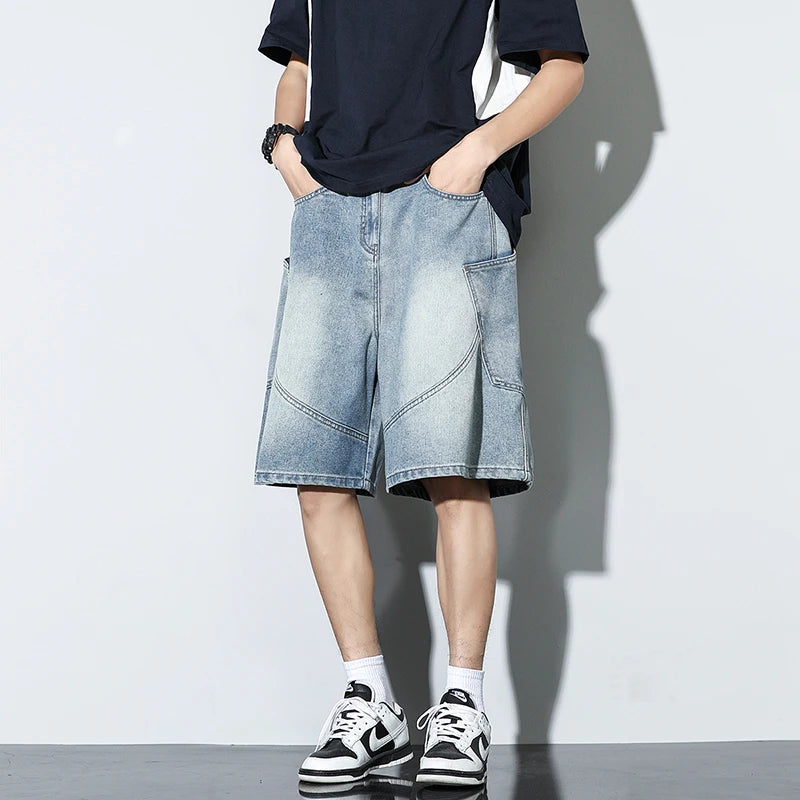Summer New Baggy Denim Shorts Fashion Casual Straight Harajuku Jeans Male Vintage Wash Drawstring Short Pants Streetwear ATFH