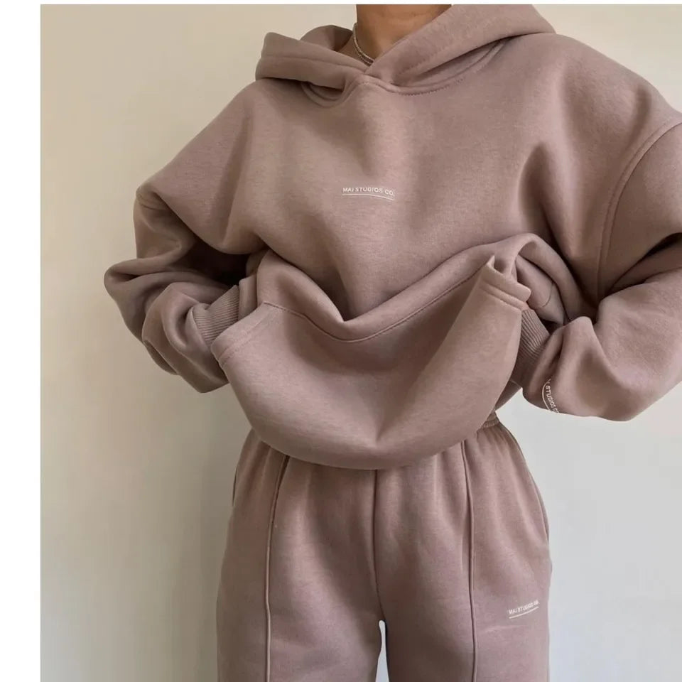 Women's Casual Hooded Sweatshirt Trousers 2 Piece Set Plus Velvet Warm Fashion Pocket Printed Letters Sports Ladies Trousers Set ATFH