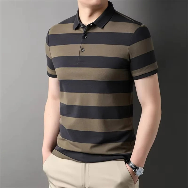 Men's Stripped Pattern Polo Shirt Summer Casual Short Sleeve Button Golf T Shirt Clothes Men's Oversized Polo Shirts Tops