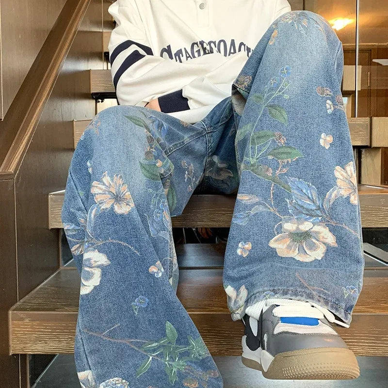 Autumn Floral Printed Jeans For Men 2024 New Y2K Vintage Denim Pants Hip Hop Fashion Wide-leg Baggy Jean Streetwear Trousers ATFH