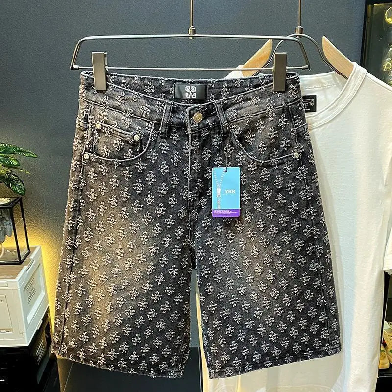 2025 Summer New American men's fashion ripped denim shorts, loose straight-leg casual mid-parted denim shorts ATFH