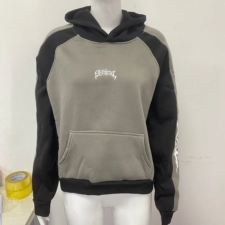 2000s High Street Vintage Hip Hop Rock Sweatshirt Contrast Stitching Fashion Long Sleeve Loose Pullover Letter Embroidery Hoodie - ATFH
