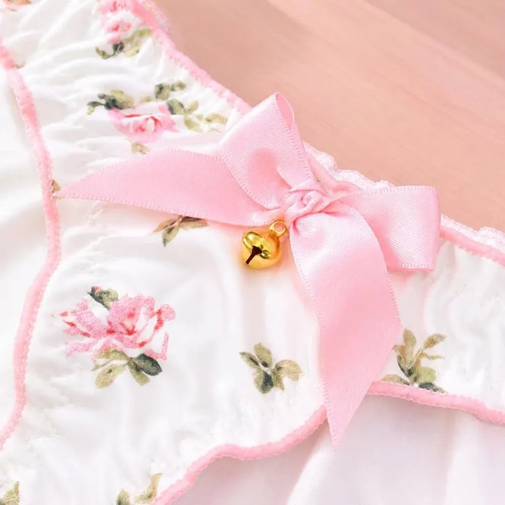 Japanese Style Sweet Bow Women Panties Ruffle Low Waist Girls Briefs Flower Ice Silk Printed Underwear Students
