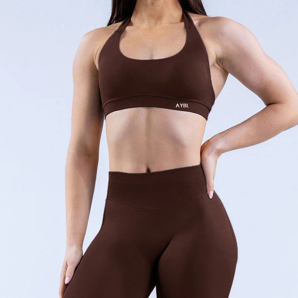Impact Sports Bra Women Seamless Yoga Underwear Halter Neck Strap Open Back Design Gym Top Workout Fitness Running Bra - ATFH