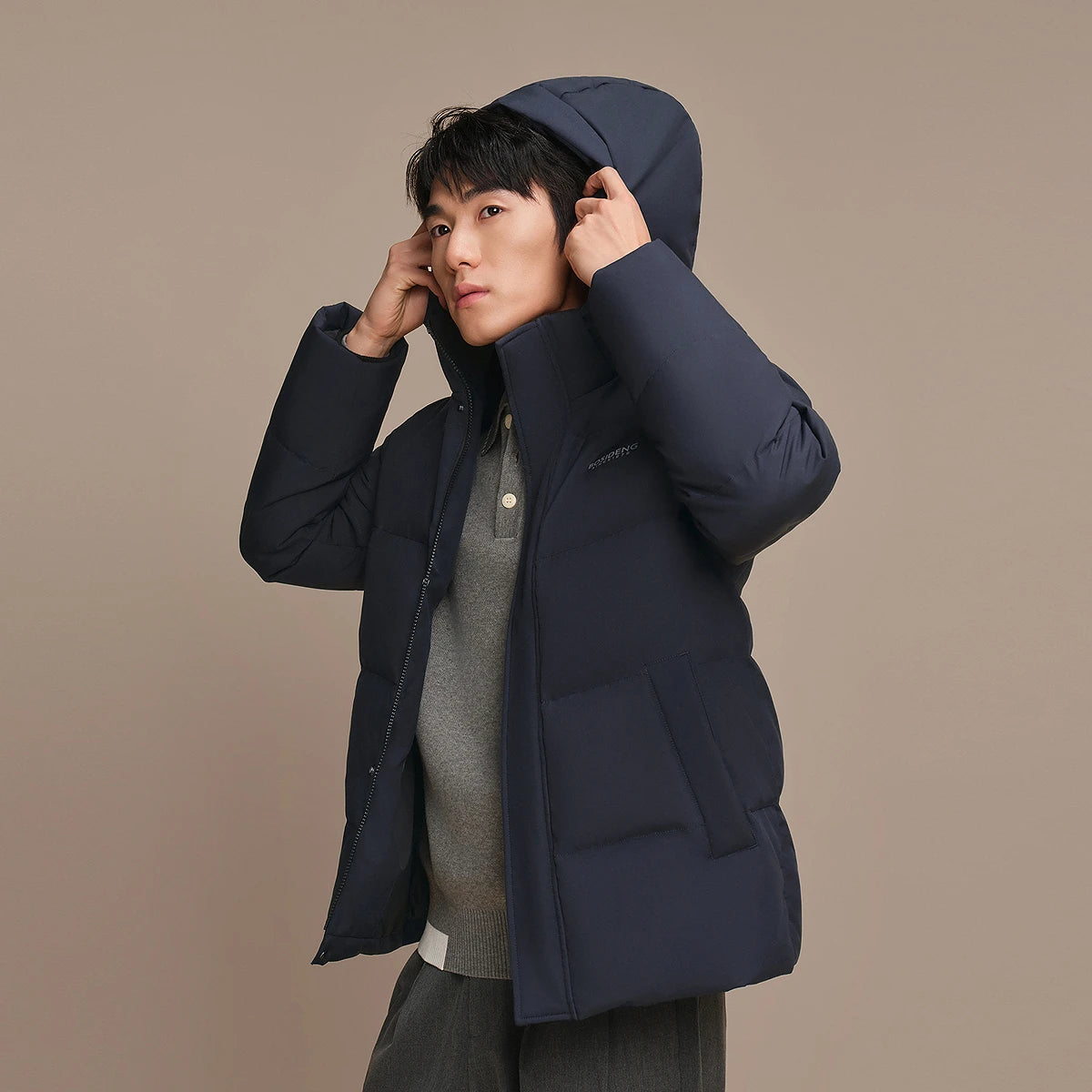 Bosideng Mens Short Hooded Down Jacket With Ribbed Cuffs High Neck And Double Placket For Windproof Warmth