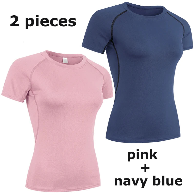 Women's Compression Shirt Short Sleeve Athletic Yoga Running T-Shirt Summer Gym Workout Quick Dry Stretchy Tees Tops Baselayer - ATFH