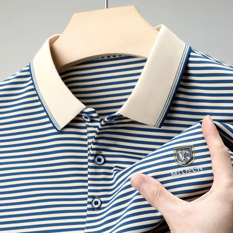 Cotton short sleeved T-shirt for men's summer new lapel striped printed loose dad's polo shirt