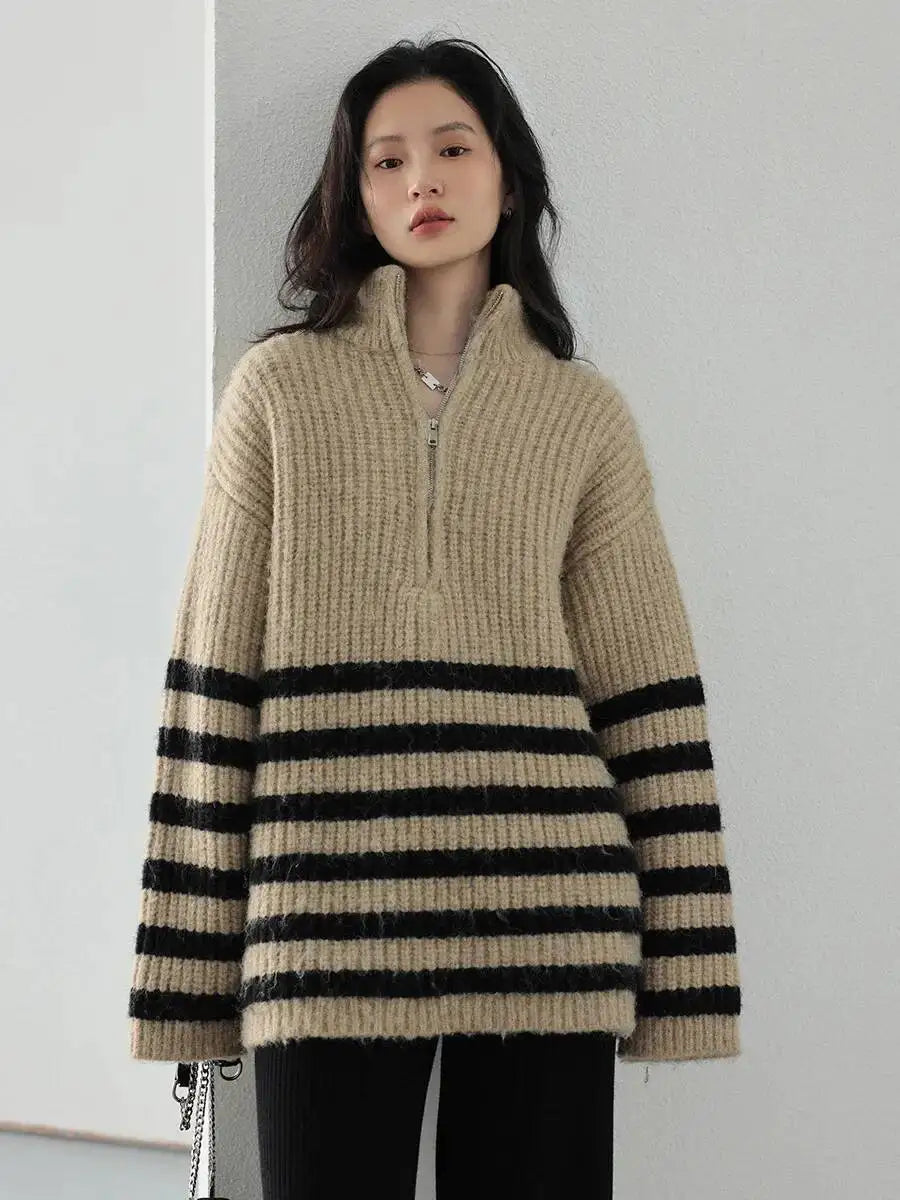 UMI MAO Women's Sweaters Turtleneck Zipper Contrast Stripe Jumpers Thickened Pullovers Warm Female Coat Autumn Winter - ATFH