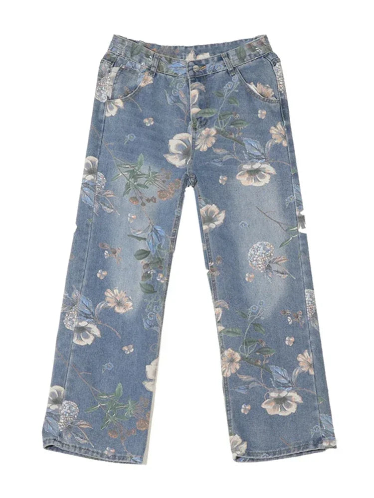 Autumn Floral Printed Jeans For Men 2024 New Y2K Vintage Denim Pants Hip Hop Fashion Wide-leg Baggy Jean Streetwear Trousers ATFH