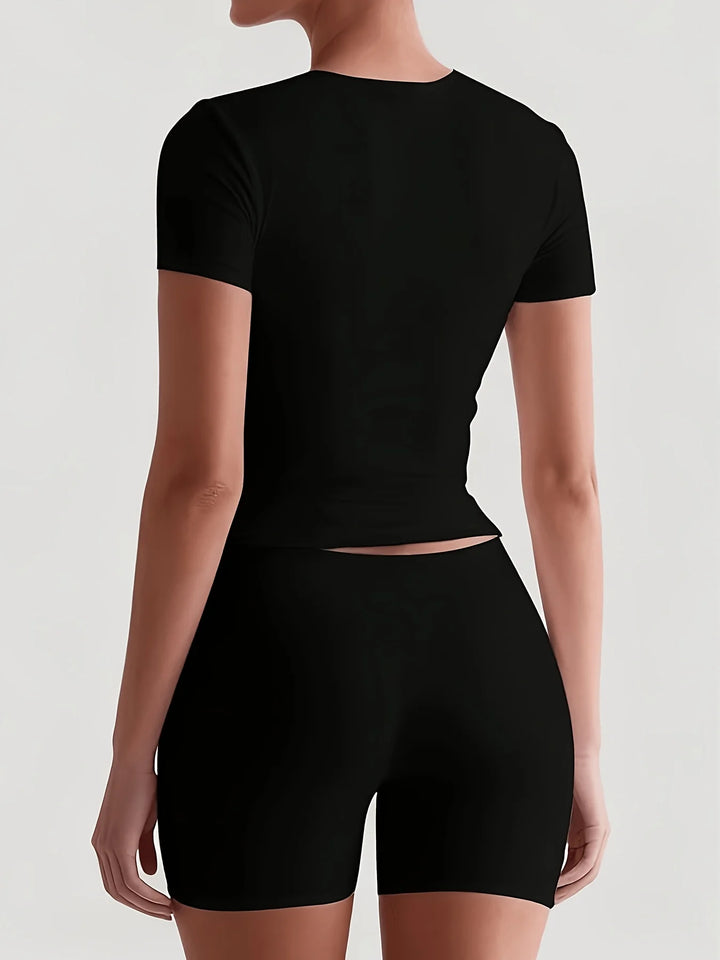 Women's Casual Solid Color Black and White Short-Sleeve T-Shirt Top - ATFH