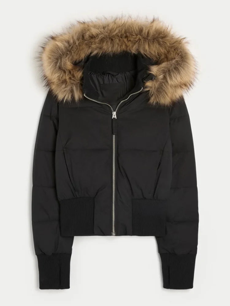 Fashion Faux Fur Hooded Cotton Jacket For Women Elegant Long Sleeve Zipper Coat Female 2026 Autumn Winter Warm Thicken Outerwear