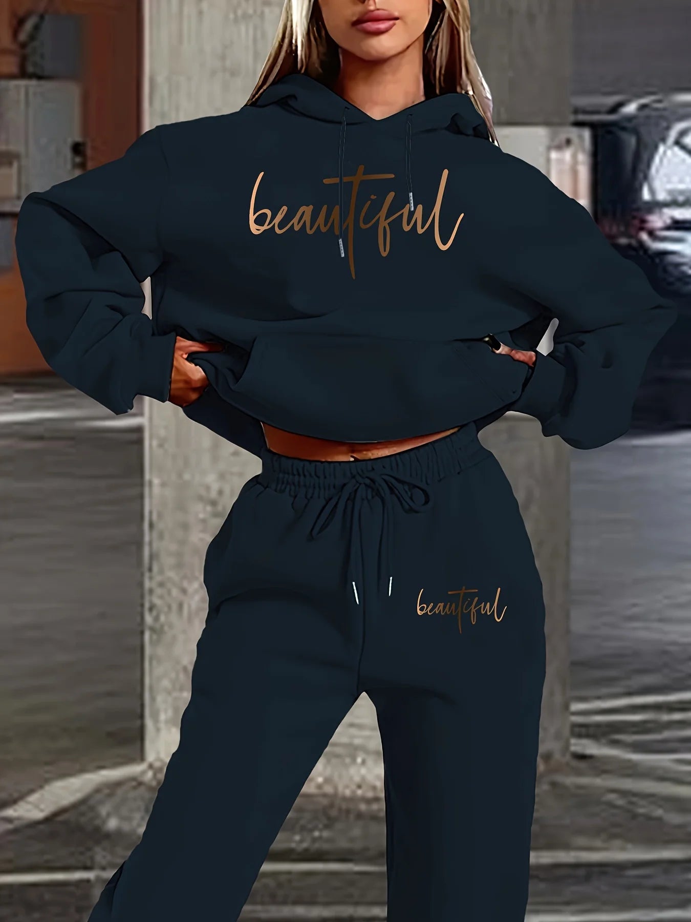 Women's Hoodie+Sports Pants Set Hip Hop Street Casual Fashion Letter Printed Loose Sports Shirt Autumn/Winter Wool Warm Clothing