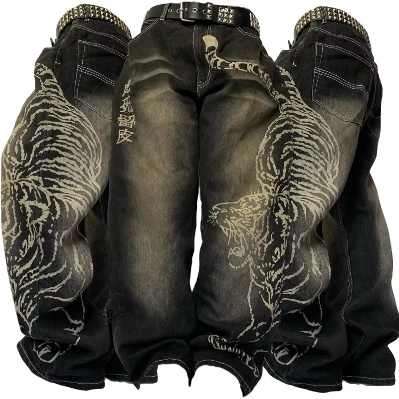 Harajuku Patchwork Cherry Blossom Embroidery Denim Pants Y2K Vintage Women Baggy Straight Wide Leg Jeans Street Men Clothes ATFH