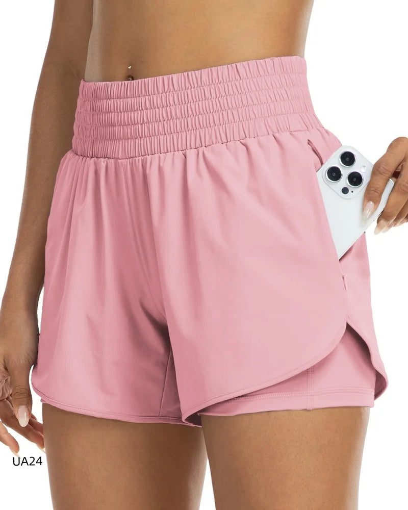 Women's High-Waisted 2-in-1 Quick-Dry Shorts with Zipper Pocket Elastic Waist for Workout Running Gym Yoga Fitness Sportswear Tahsi Fashion House