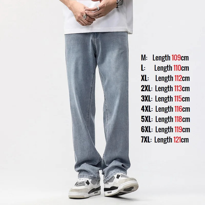 190cm Tall Man Jean Lyocell Wide Leg Denim Pant Male Extra Long Length 115cm 120cm Summer Big Clothes Light Stretch Straight Fit ATFH