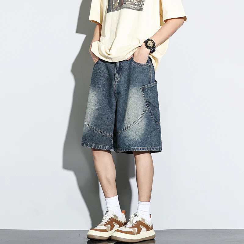 Summer New Baggy Denim Shorts Fashion Casual Straight Harajuku Jeans Male Vintage Wash Drawstring Short Pants Streetwear ATFH