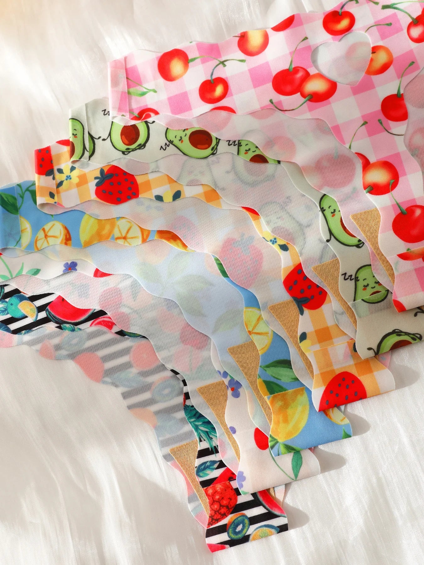 6Pcs Women's Fruits Print Seamless Thongs No Show Invisible Soft Stretch Ice Silk Multi-color Panties