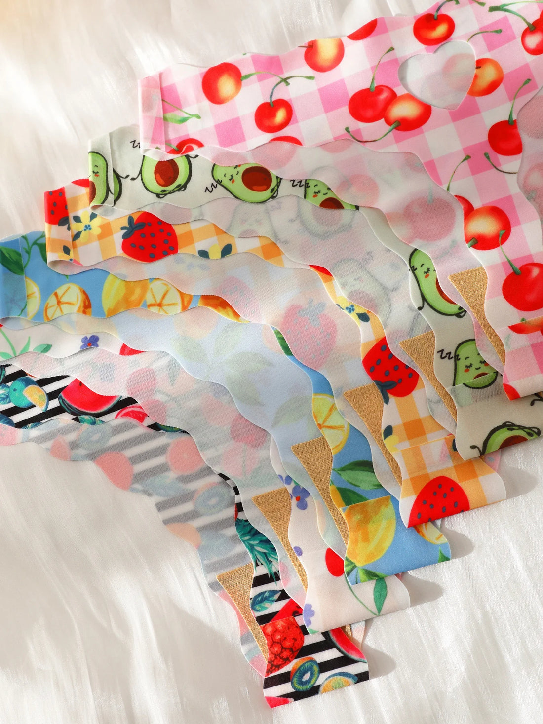 6Pcs Women's Fruits Print Seamless Thongs No Show Invisible Soft Stretch Ice Silk Multi-color Panties