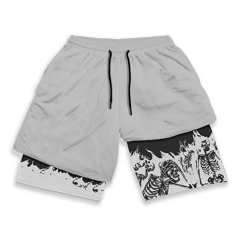 Y2K Gothic Punk Skull Print 2 in 1 Shorts for Men Gym Athletic Performance Shorts with Pockets Summer Workout Fitness Running