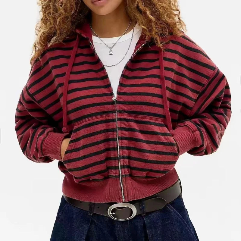 Vintage Red Black Stripe Full Zip Hoodie Women Men Y2K Aesthetic Loose Cropped Hooded Jacket Streetwear Long Sleeve Sweatshirt