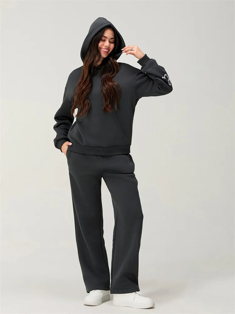 Women's Casual 2 Piece Outfits Long Sleeve Bow Print Hooded Tops Sweatshirts Wide Leg Pants Sets Tracksuits