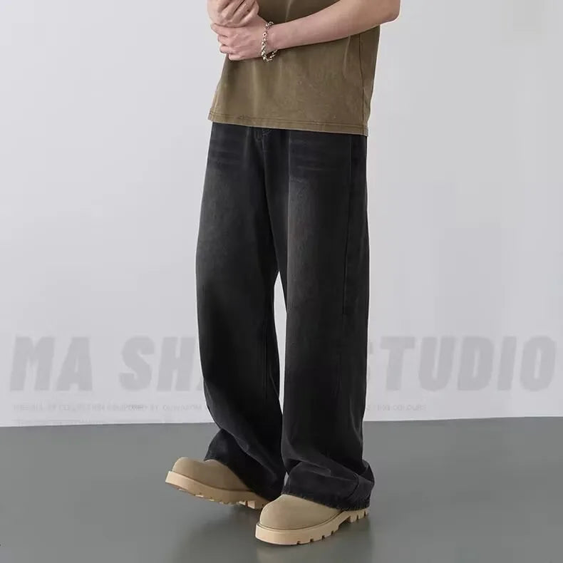 Spring Autumn Men's New Denim Pants Old Blue Washed Casual Jeans Menwear Loose New Fashion contrasting color Wide Leg Trousers ATFH