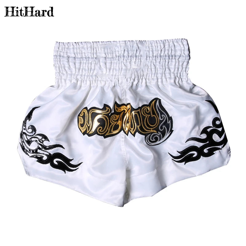 Muay Thai Shorts Men Women Kids Leopard Thai Boxing Shorts Premium Embroidery Satin Gym Kickboxing Fight Training BJJ MMA Pants