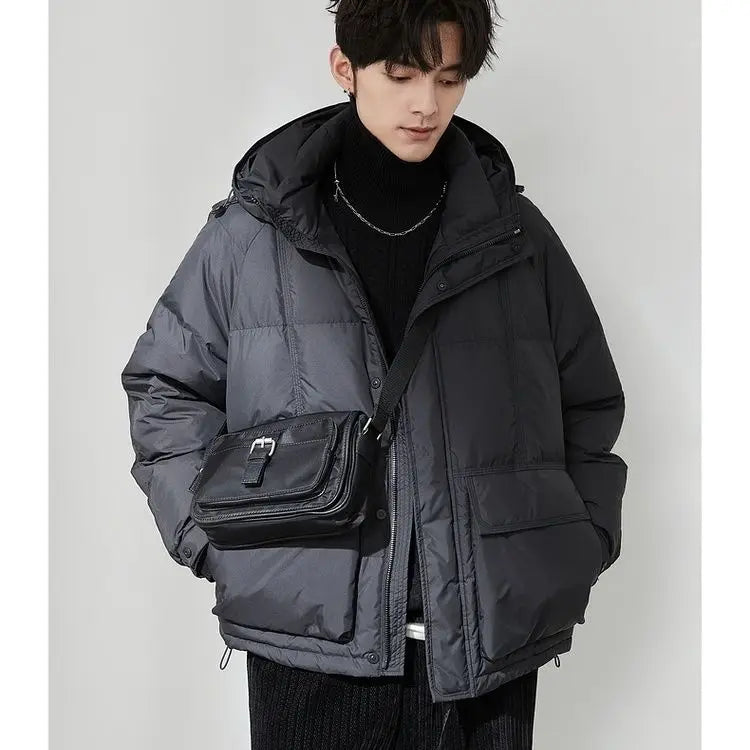 Solid Color Down Jackets Men's Short Style 2025 Winter New Loose Hooded Coats Male Lightweight White Duck Down Overcoats W765