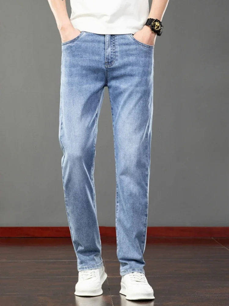 2026 Summer Men's Jeans Slim Fit Jeans Thin Stretch Straight Light Business Casual Denim Long Pants Male Classic Style Brand ATFH