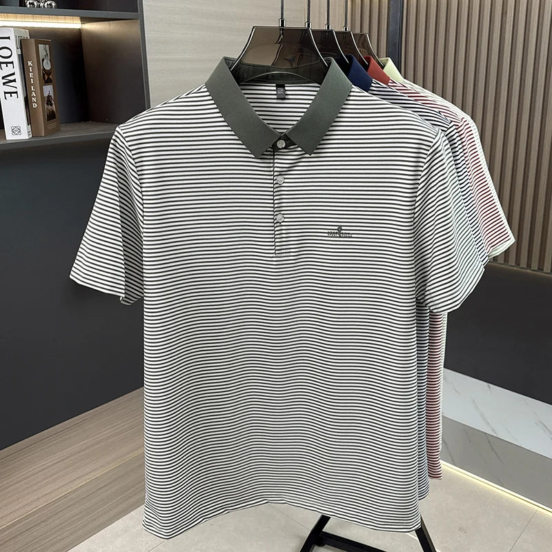 Luxury brand striped short sleeve polo shirt new fashion letter embossed men's T-shirt summer breathable Korean style casual top