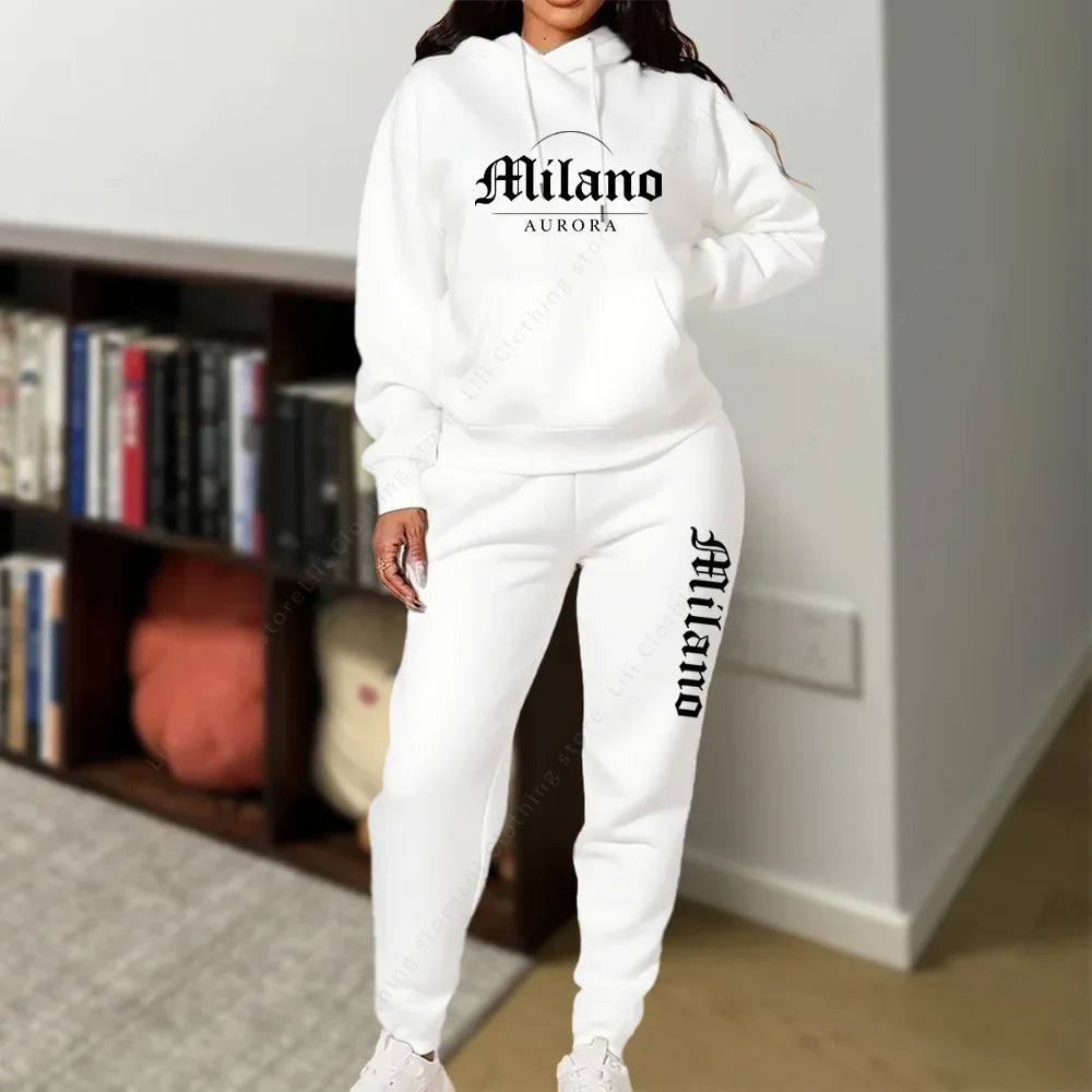 Matching Set for Woman Hoodies Sweatpants Set Fall Winter Athleisure MLANO Letter Print Fleece 2 Piece Womens Tracksuit 2026 New