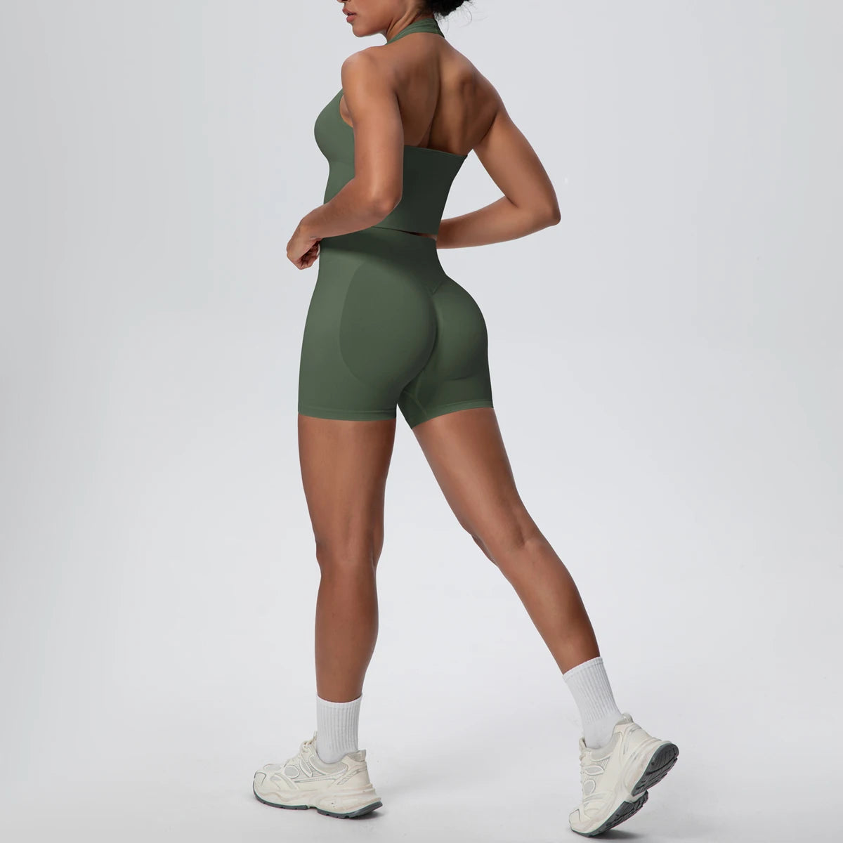 2pcs Summer Breathable Yoga Set Backless Sportswear Solid Color Sexy Neck Strap Bra Quick-Dry High Waist Shorts Yoga Set - ATFH