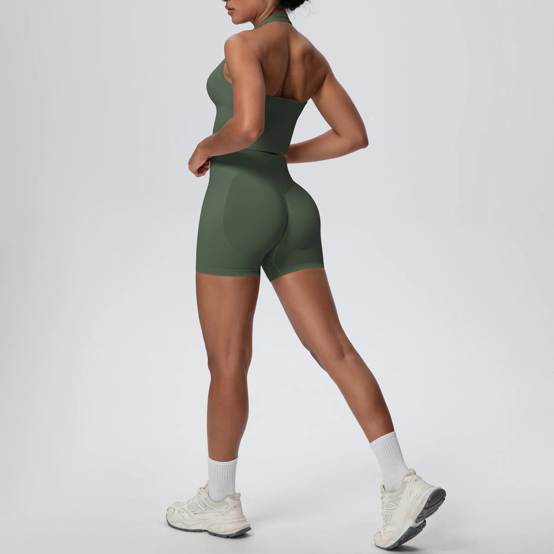 2pcs Summer Breathable Yoga Set Backless Sportswear Solid Color Sexy Neck Strap Bra Quick-Dry High Waist Shorts Yoga Set - ATFH