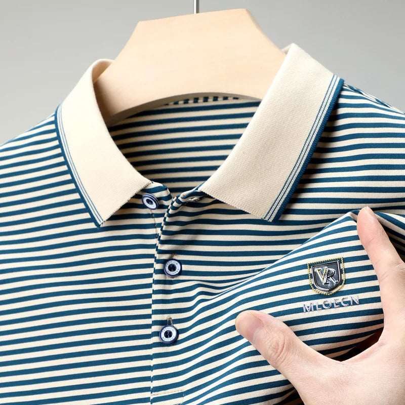 Cotton short sleeved T-shirt for men's summer new lapel striped printed loose dad's polo shirt