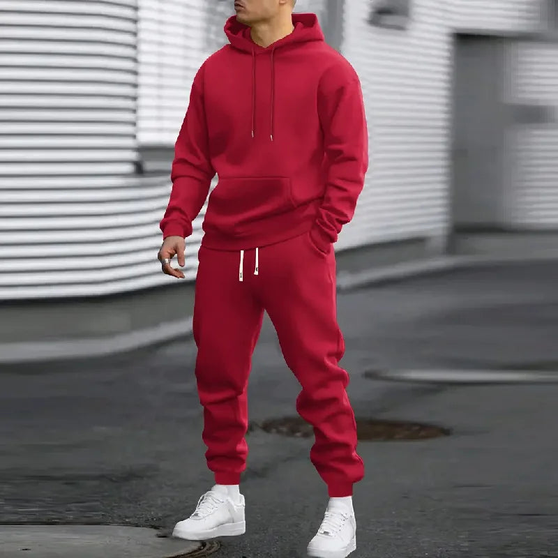 Spring and Autumn Set Men's Casual Sports Fashion Trend Comfortable Simple Running Set Solid Color Hoodie and Pants - ATFH