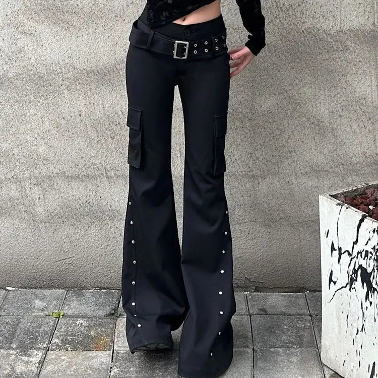Retro new pure black rivet design belt decorative slim pants for women y2k Harajuku Goth low-waisted flared pants ATFH