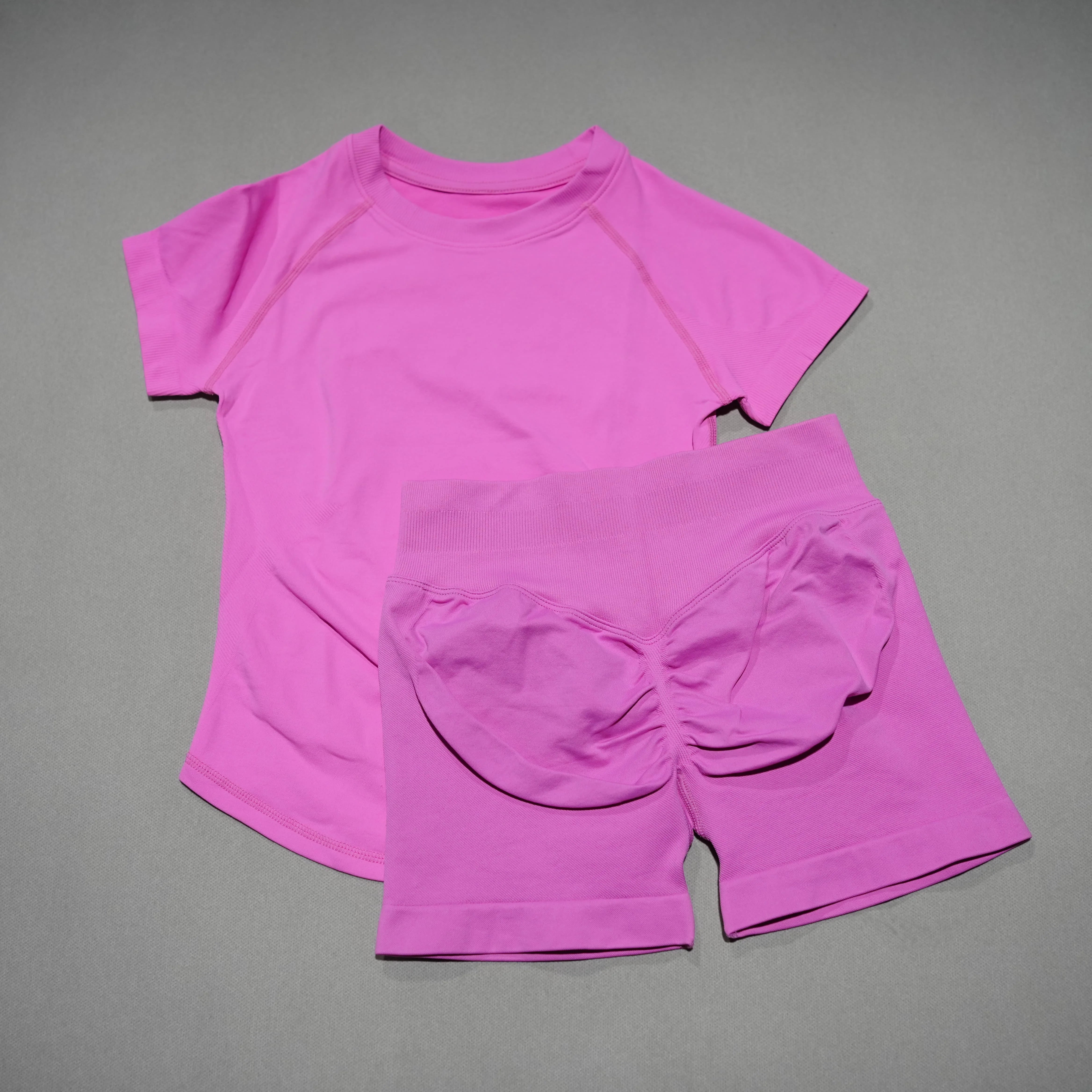 DFDK Women 2PCS Seamless Sports Suit Short Sleeve Yoga Top High Waist Shorts Quick Dry Fitness Running Workout Sportswear Set