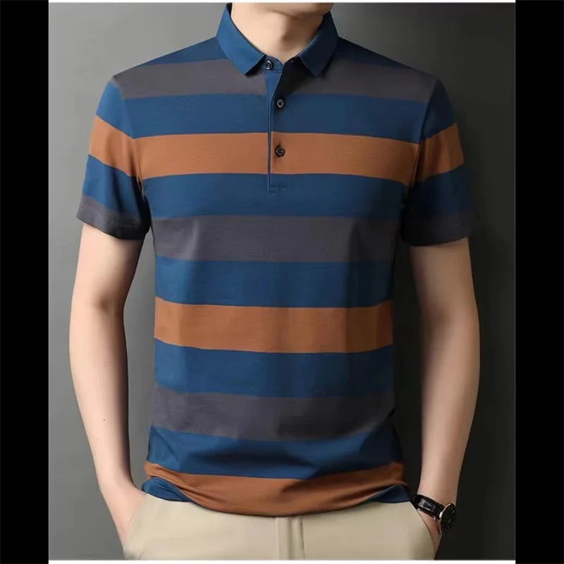 Men's Stripped Pattern Polo Shirt Summer Casual Short Sleeve Button Golf T Shirt Clothes Men's Oversized Polo Shirts Tops