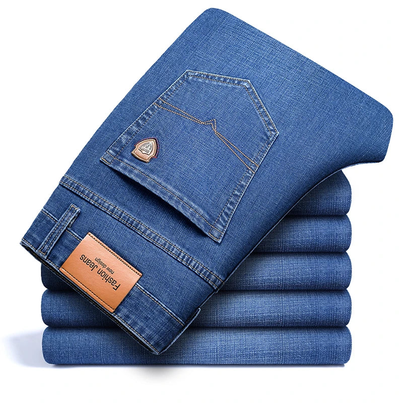 SHAN BAO 2022 autumn spring fitted straight stretch denim jeans classic style badge youth men's business casual jeans trousers ATFH