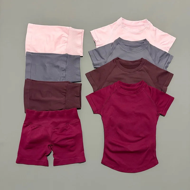 2 Pieces HISTELLO Sports Sets Short Sleeve Seamless Yoga Top Fitness Set Women Workout Running Sports Shorts Gym Suit - ATFH