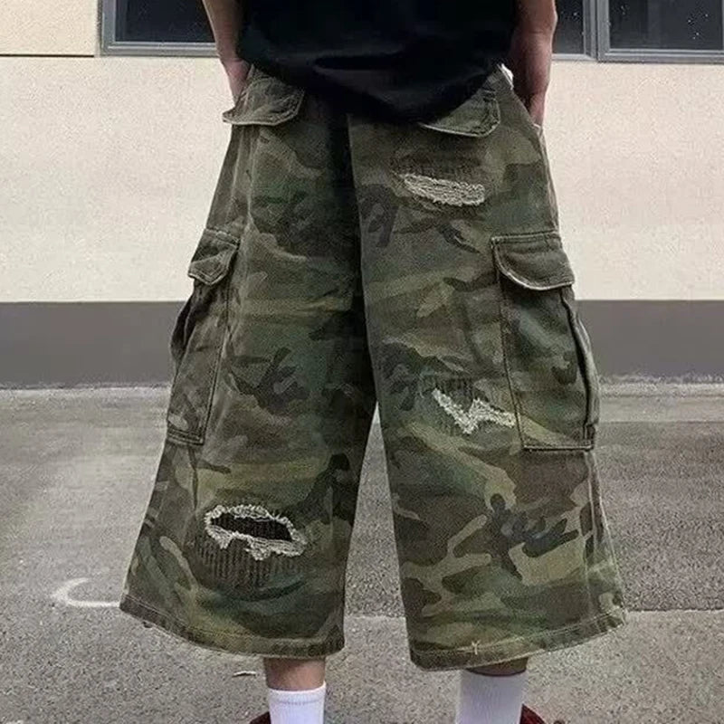 2025 Mens Camo Cargo Denim Shorts Distressed Straight Leg Casual Seven Inch Shorts Y2K Streetwear Vintage Loose Fit Summer Fashi ATFH