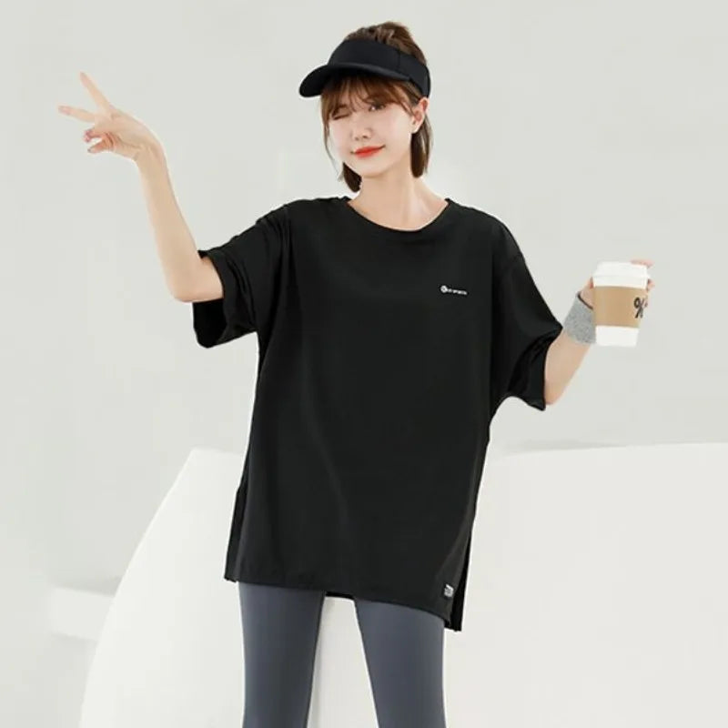 Loose T-shirts for Women Running Clothing Solid O-neck Summer Quick Drying Short Sleeve Korean Style Young Girls Students Soft - ATFH