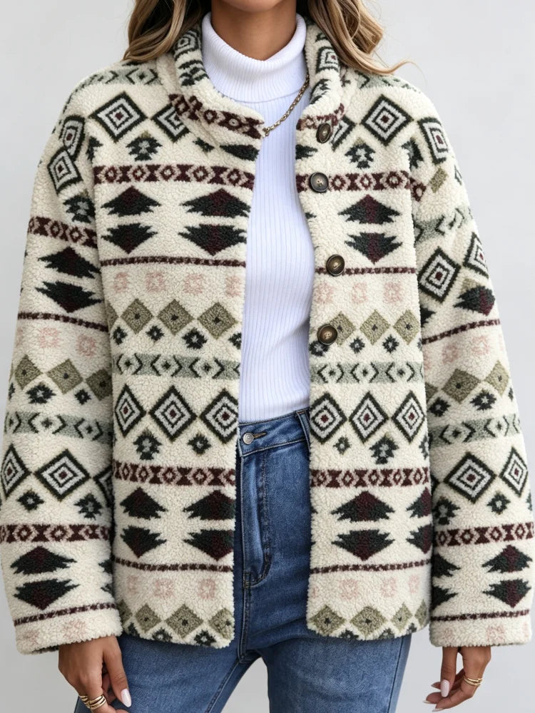 2026 New Women's Winter Fleece Jacket, Loose and Fitted, Soft and Warm, with Windproof and Anti-Pinch Design, Cream-Colored Aztec Geometric Print, Stand-Up Collar with Button Closure, a Rural Style Daily Winter Outfit Jacket